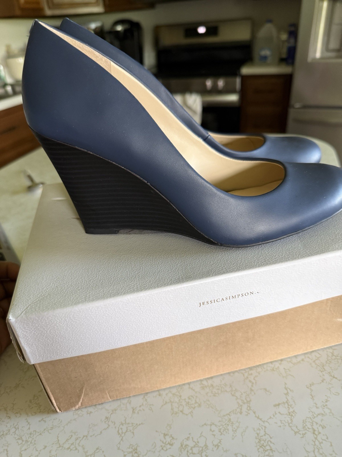 Jessica Simpson Women’s Blue Leather Wedge Pump Heels Round Toe Slip On 9M