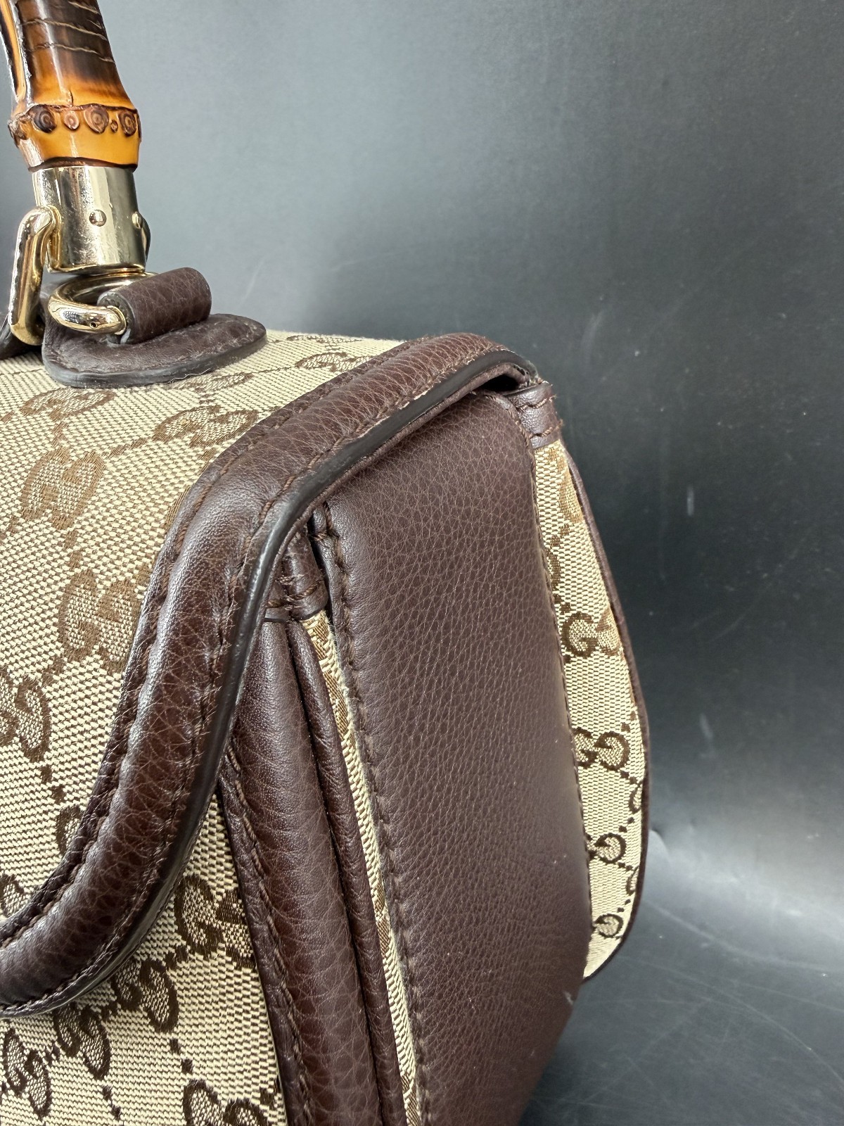 Gucci Beige/Ebony GG Canvas and Leather Large New Bamboo Top Handle Bag