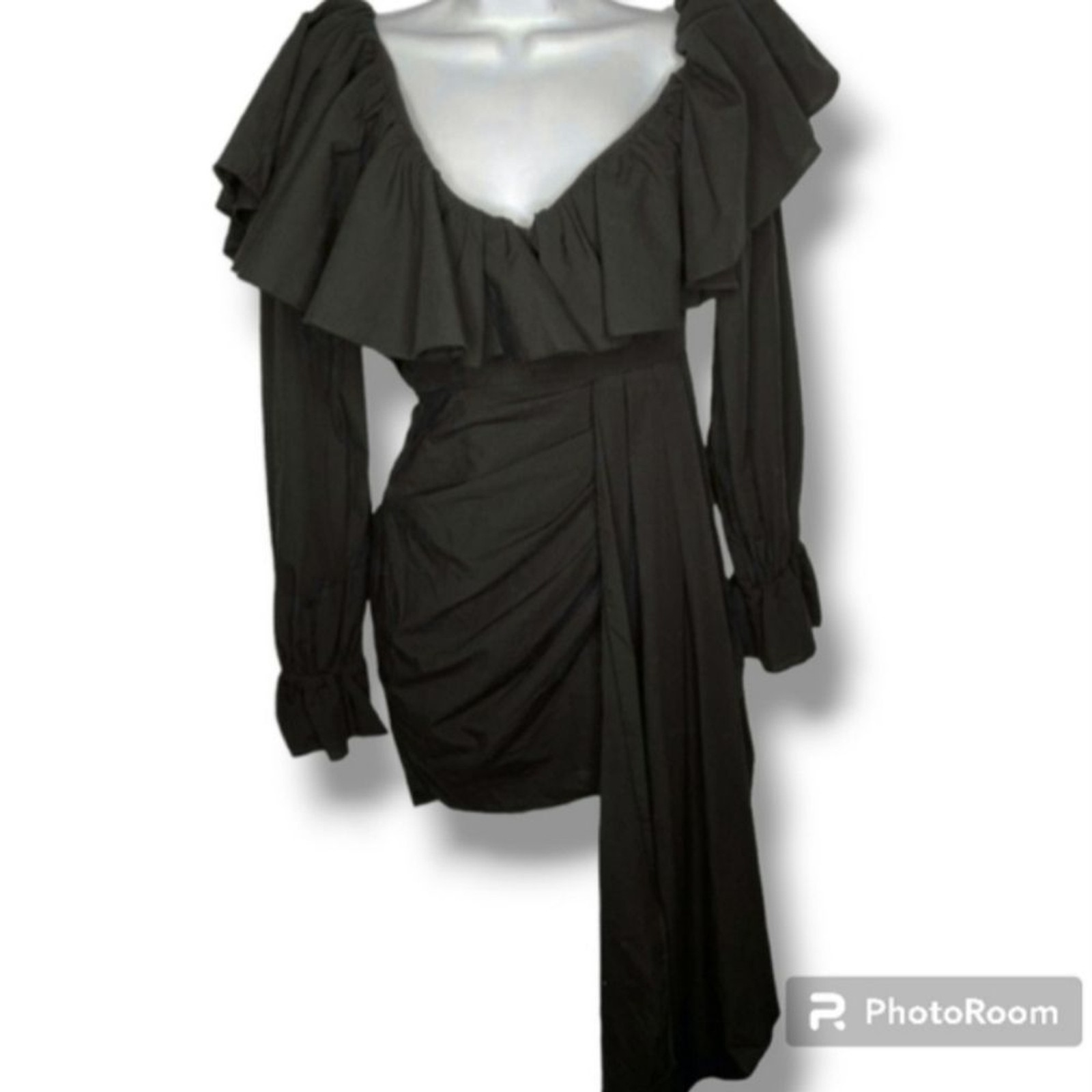 ASOS LUXE Size 0 Black Sexy Ruffled Off the Shoulder Ruched Bodycon Mini Dress