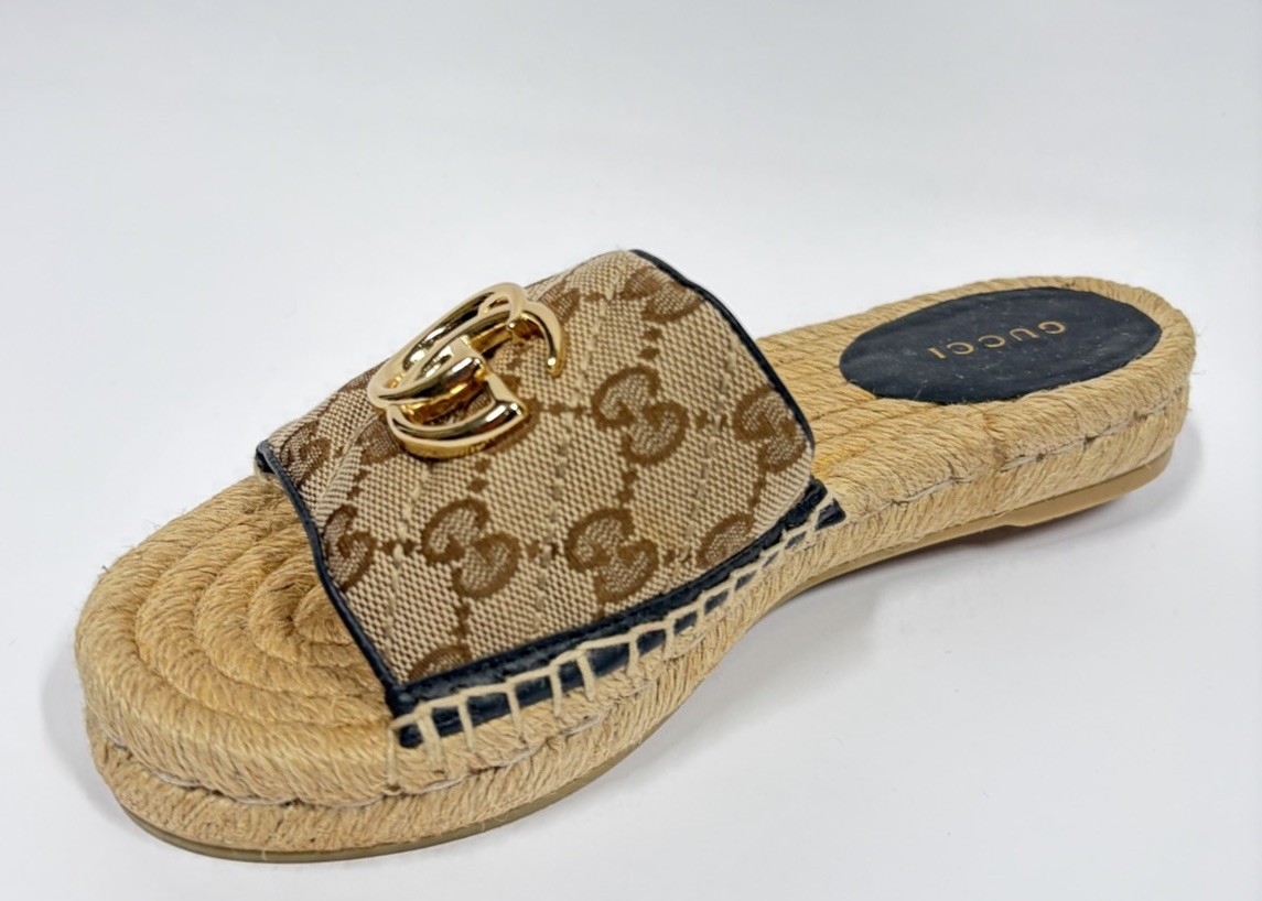 Gucci GG Matelasse Espadrille Slide Sandal Beige Ebony Womens 34.5 / US 4.5