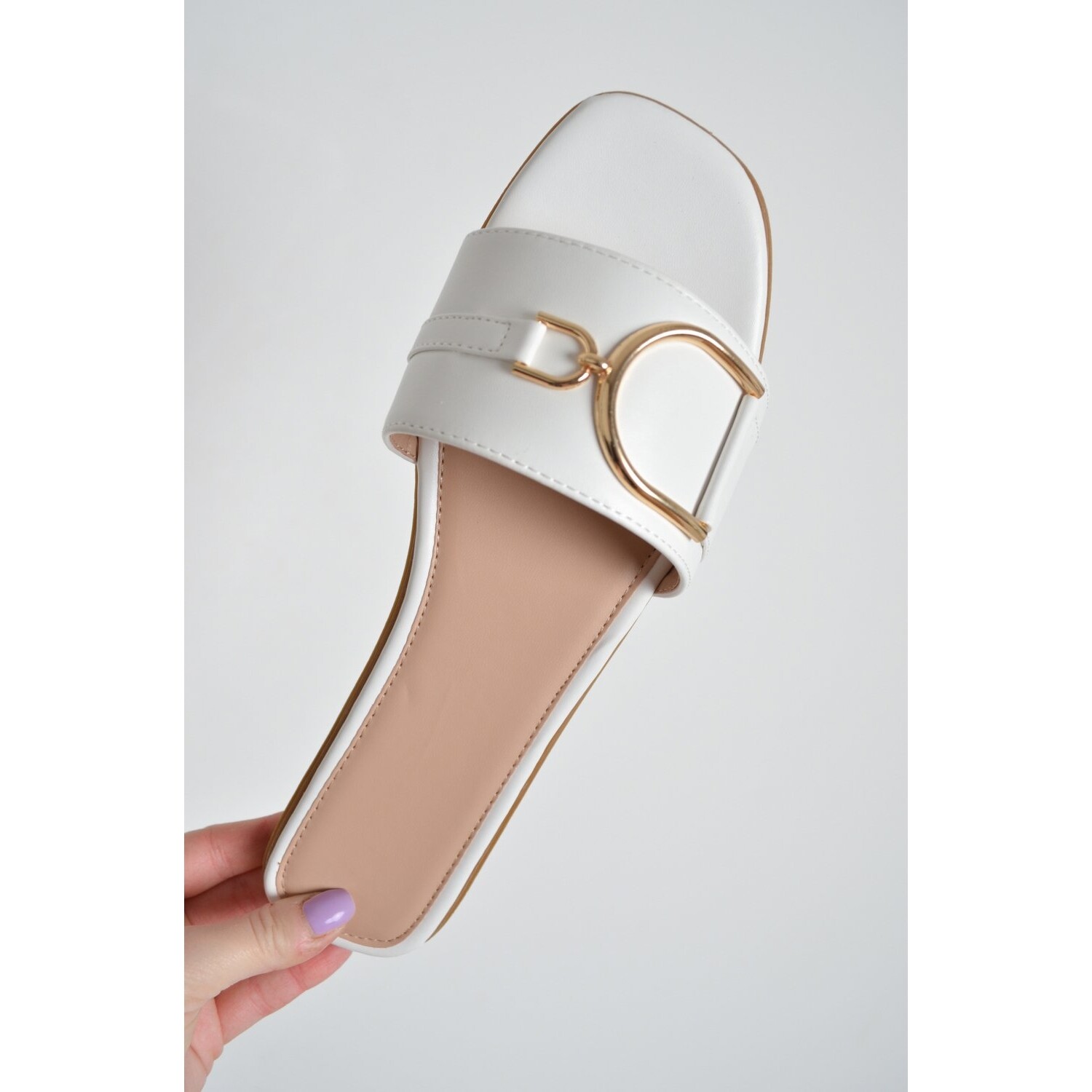 No Doubt, White PU Buckle Strap Slider Sandals