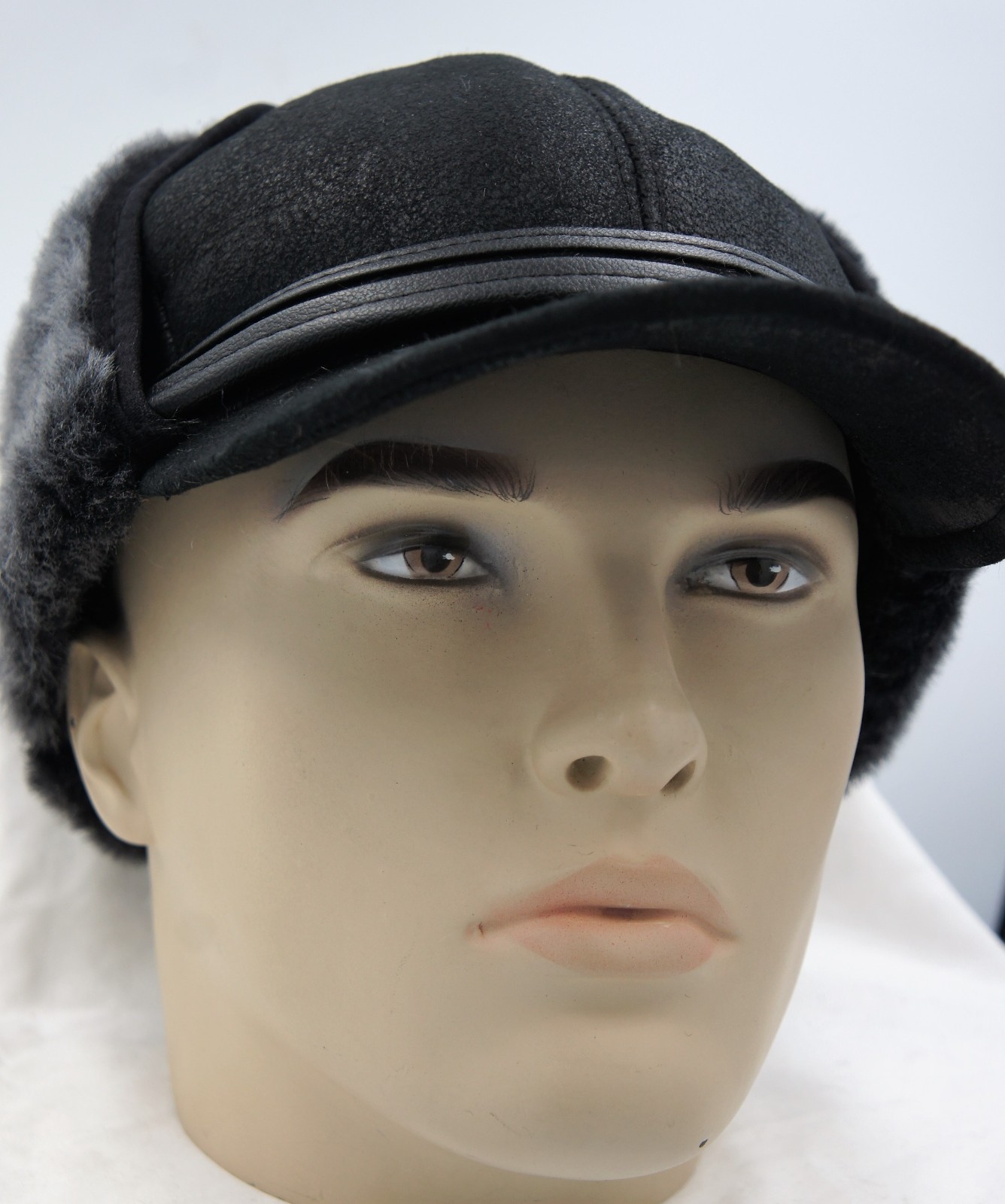 REAL SHEEPSKIN SHEARLING LEATHER Winter Aviator Hat Trapper Pilot S-3XL, BLACK