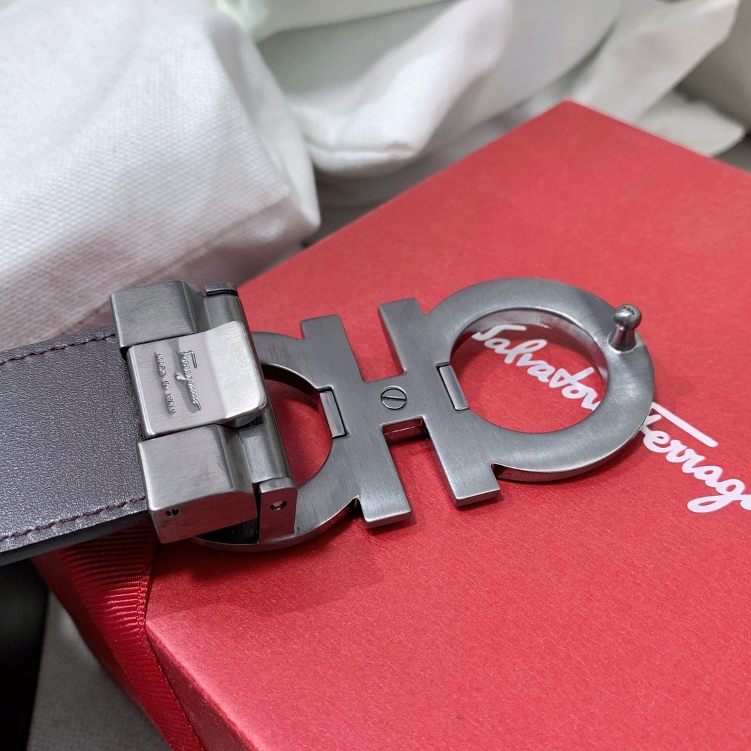 Reversible Salvatore Ferragamo Belt Gancino Mens 1.38inch Gunmetal Buckle