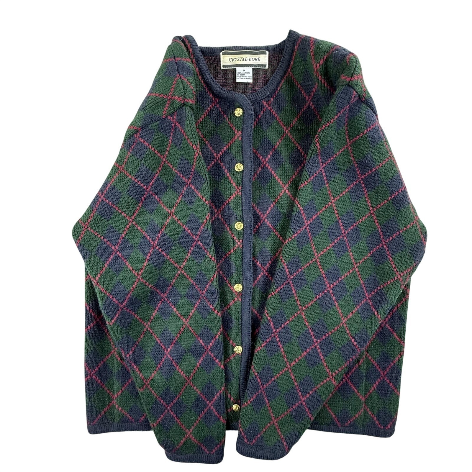 Vintage Crystal Kobe Cardigan Sweater Womens Medium Argyle Pockets Preppy 90s