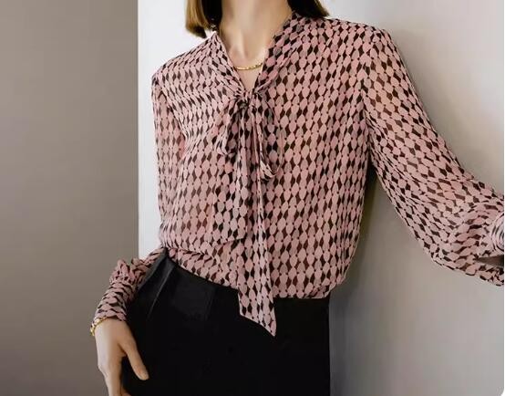 Women’s Faux Silk French Tie Neck color splicing Long Sleeve Shirt Sping