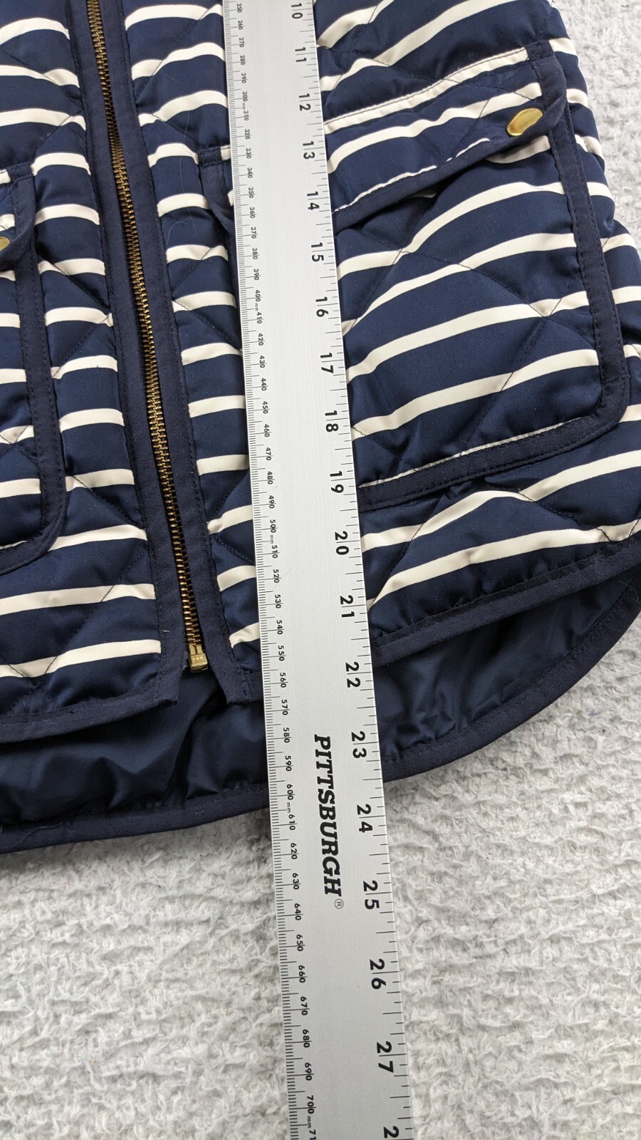 J Crew Down Vest Quilted Full Zip Size XXS Pockets Blue Sailor Stripes Yacht
