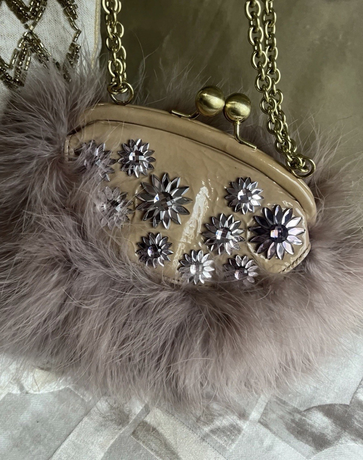 RARE Coach- Pink Poppy Feathered & Jeweled Frame Clutch Bag