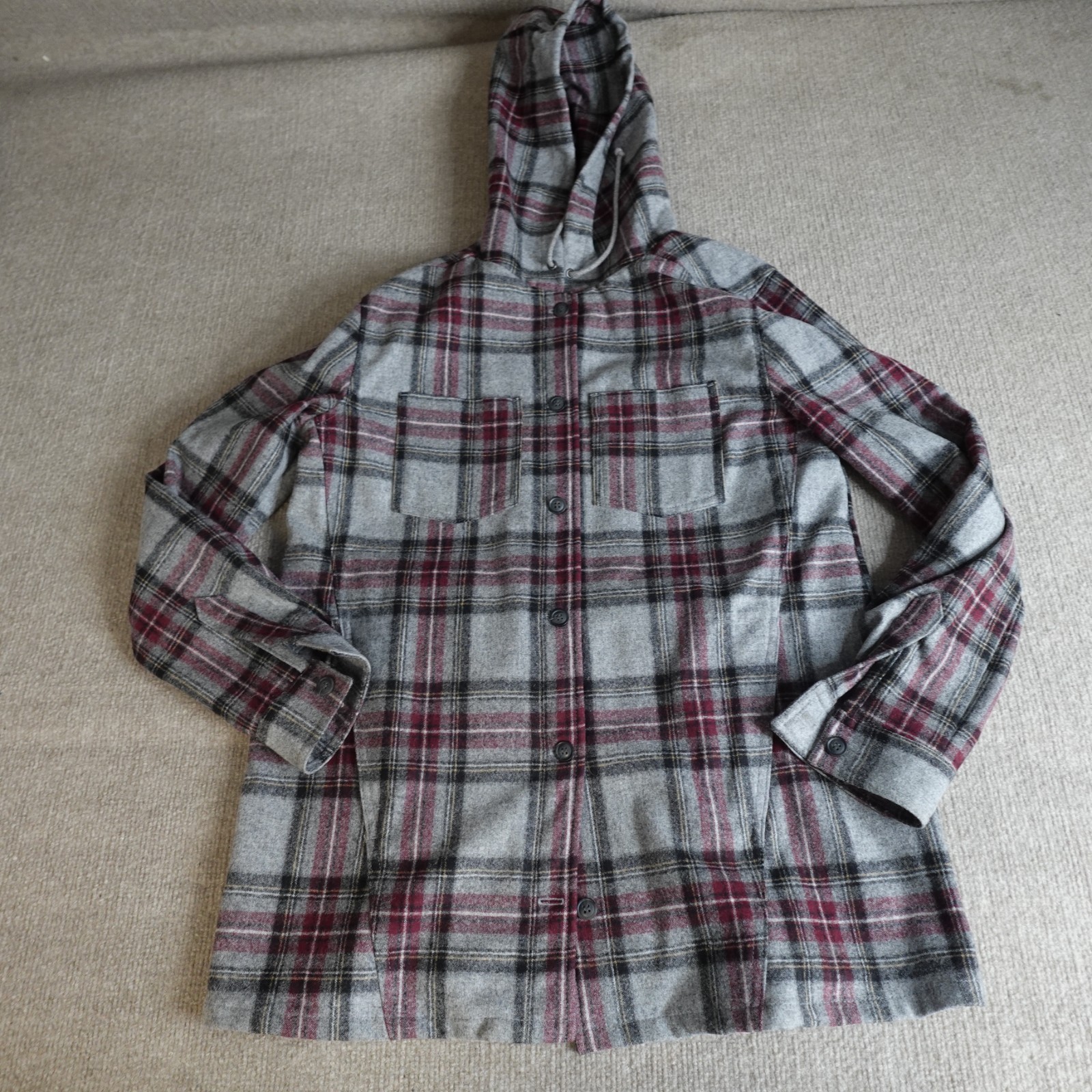 Pendleton Womens Jacket Medium Gray Plaid Wool Button Front Hooded Virgin Wool
