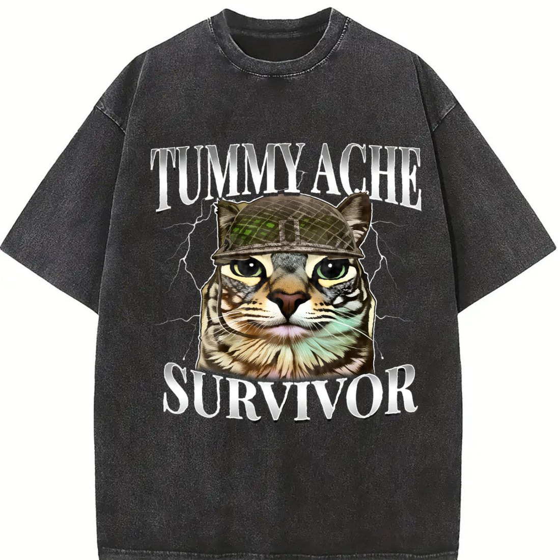 Tummy Ache Survivor Military Cat Vintage Washed Unisex T-Shirt