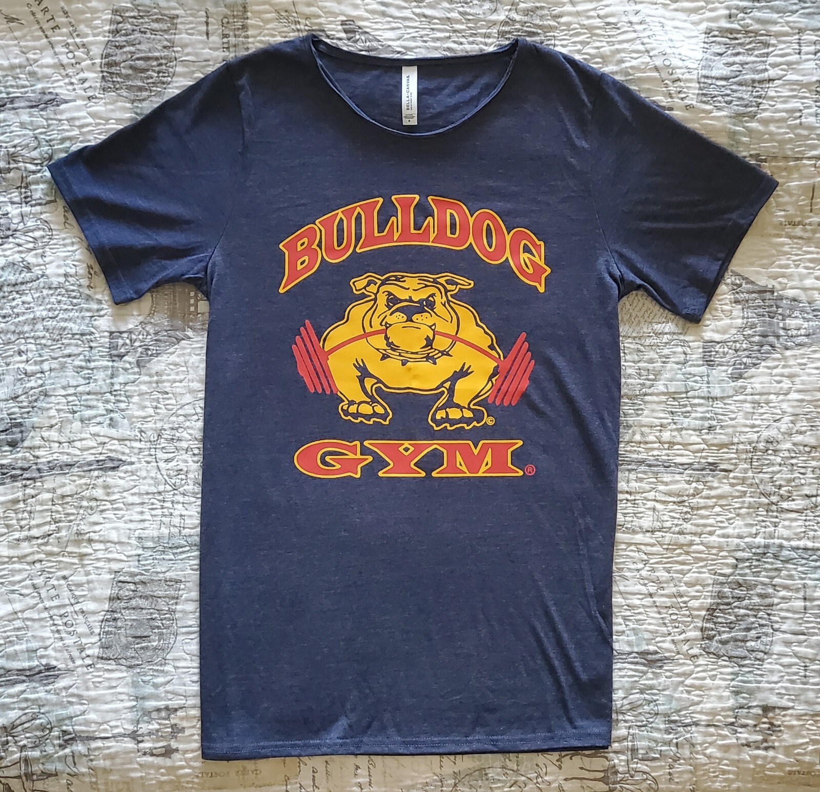 Bulldog Gym Bodybuilding Muscle Raw Neck Bella Canvas Heather Navy T-Shirt NEW