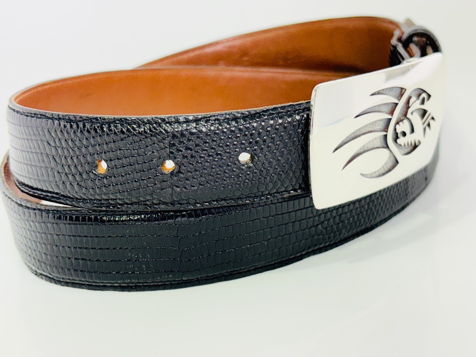 Sterling Silver .925 Bear Claw Belt Buckle Black Lizard Strap Made in USA 38