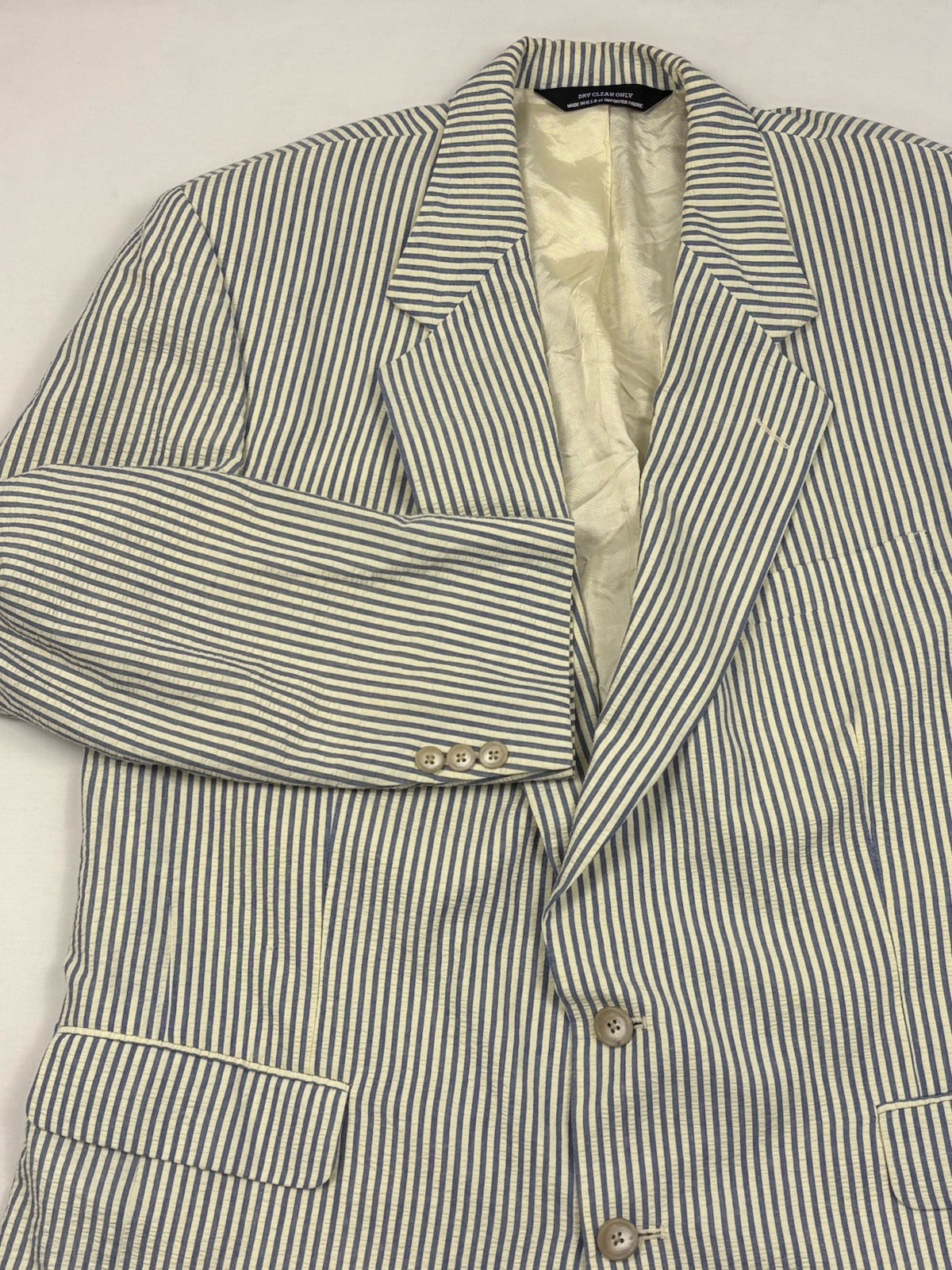 VTG 80s/90s Racquet Club Cotton Blend Sear Sucker Blazer 44R Blue/Cream USA Made