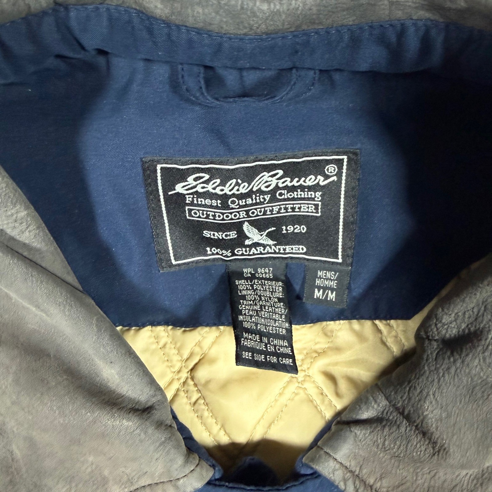 Eddie Bauer Mens Navy Blue Quilted Lined Chore Jacket Leather Collar Medium Y2k