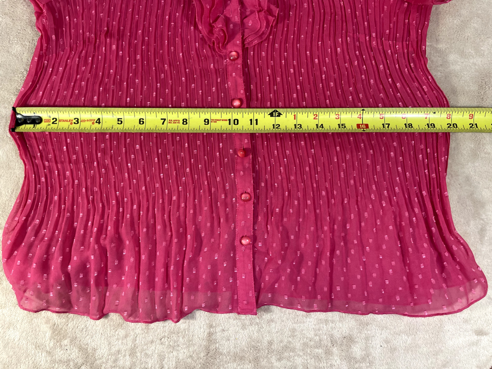 Misty & Max Sz L Women’s Sheer Pink Button Ruffle Collar Blouse Shirred Cuff