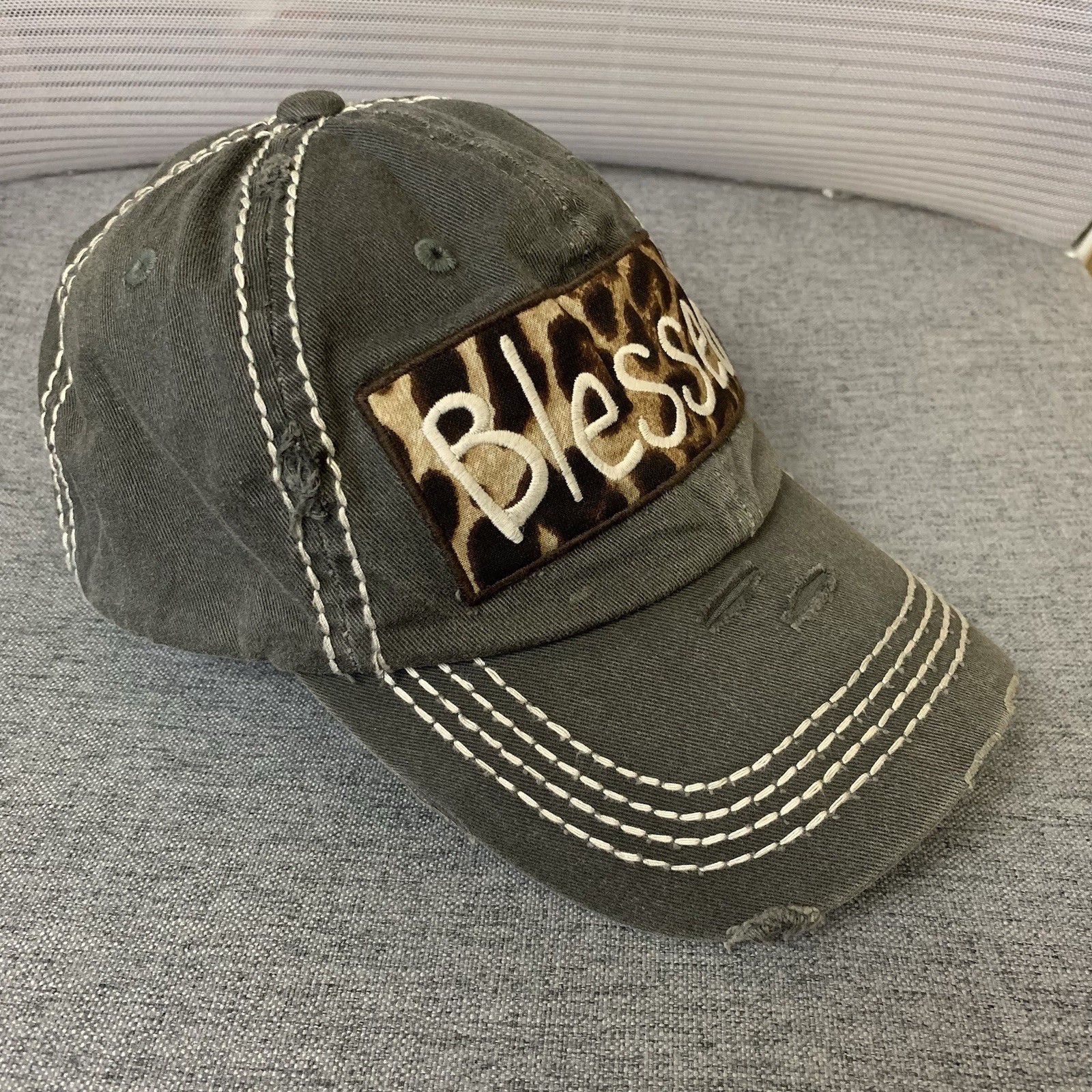 Kbethos Cap Strap Back Distressed Gray BLESSED Leopard Patch Embroidered Hat