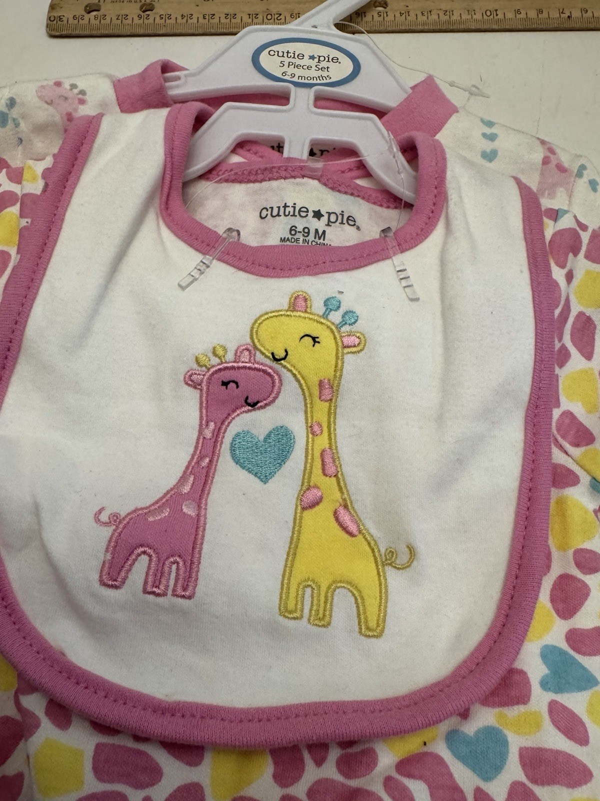 Cutie Pie 4 pc Baby Girl Giraffe 6-9 Months, Sleeper, Bodysuit, Pants & Bib, New