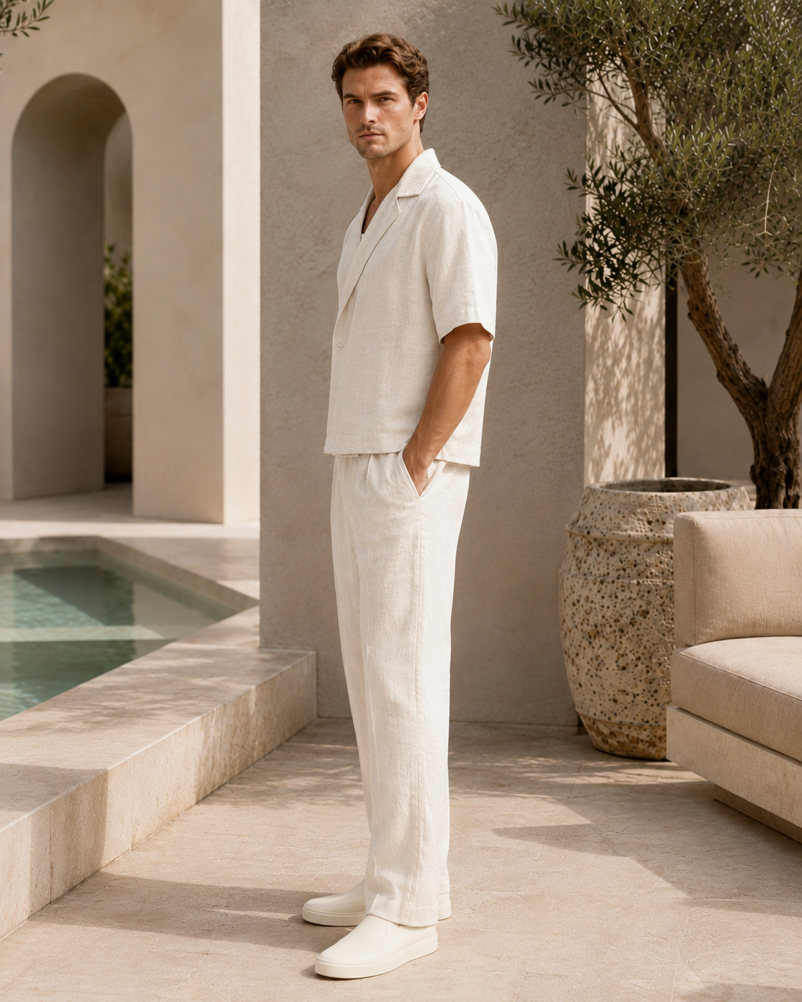 Mens Ivory Linen Short Sleeve Shirt Pants Beach Resort Wedding 2pc Set