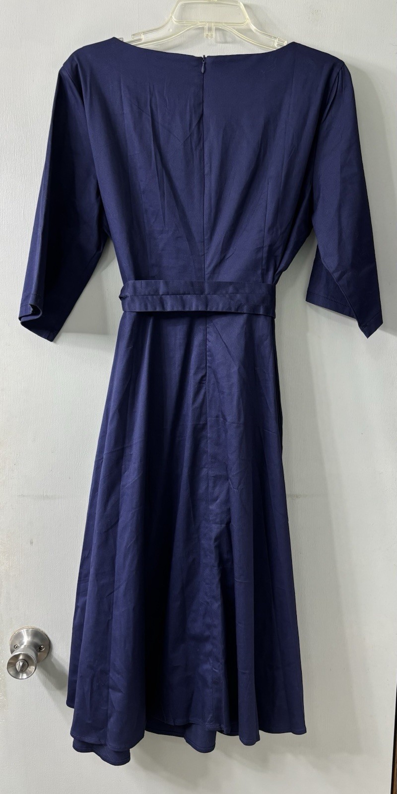Rockabilly Navy Solid Scoop Neck A-Line Midi Dress XL 3/4 Sleeve Belted Bow Zip