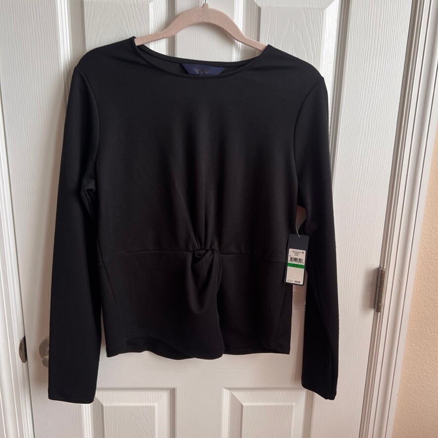 NEW Rachel Roy Knot Front Top Long Sleeve Ribbed Blouse Black Size L