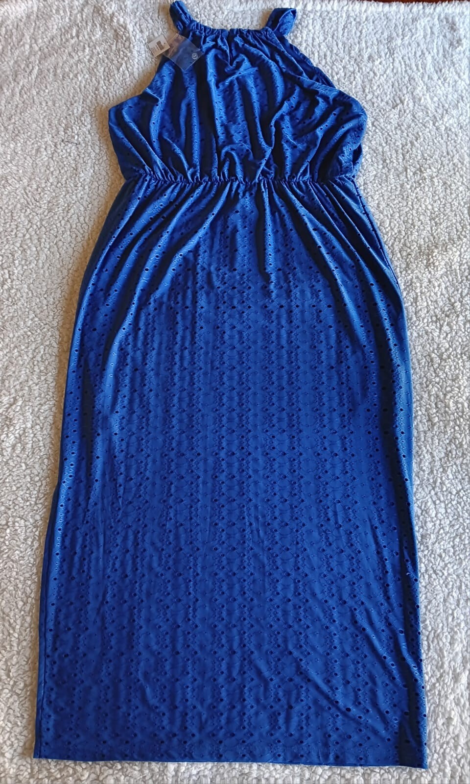 New Chico’s Maxi Blue Sleeveless Dress SIZE 3 Petite Eyelet Pattern