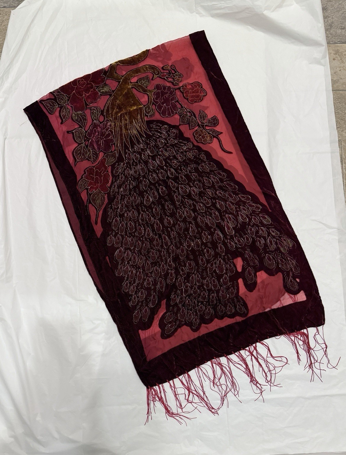 Velvet Peacock Table Runner Burgundy Pink Floral Fringe Embroidered 60″ Decor