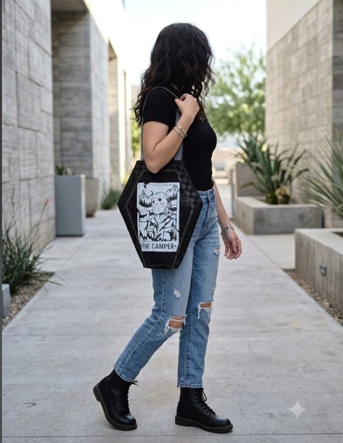 Edgy coffin-shaped tote bag with Camper graphic and waterproof canvas lining.