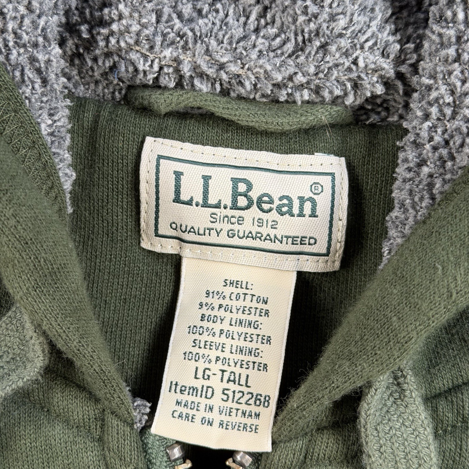 LL Bean Hoodie Mens LT Green Full Zip Sherpa Lined Jacket Drawstring Casual