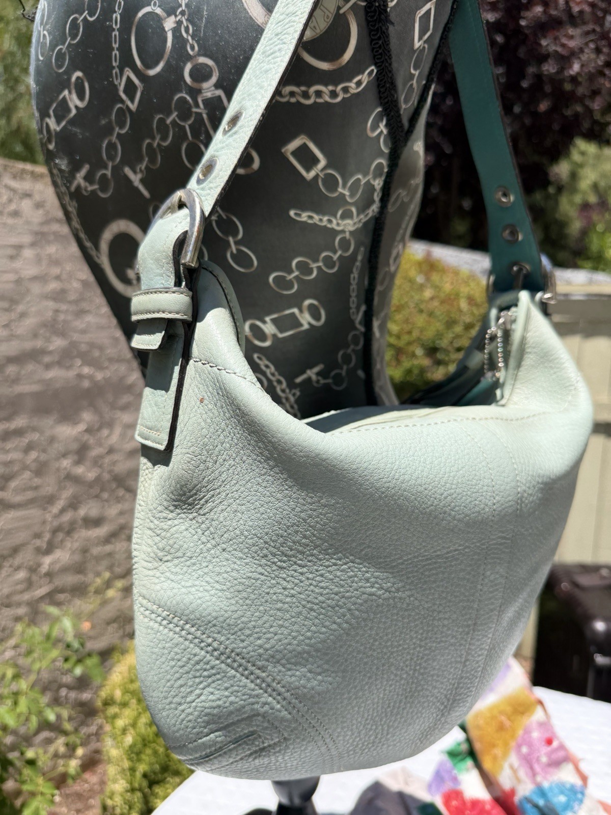 *worn* Vintage Y2K Coach 3227 Baby Blue Pebbled Leather Soho Hobo Shoulder Bag
