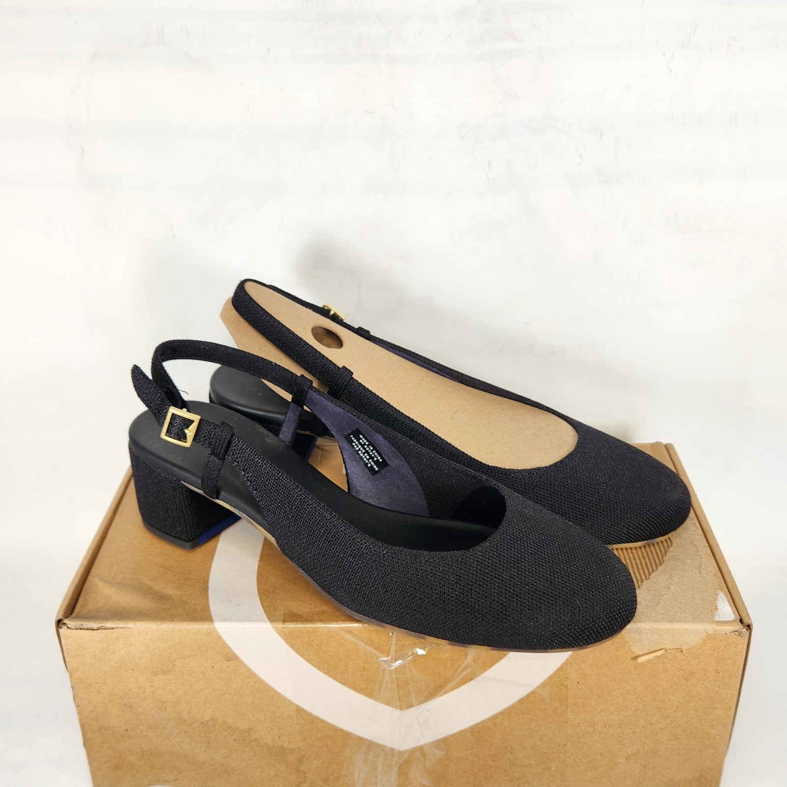10.5 WOM – Rothys The Heel Ballet Slingback – Black Knit Stretch MID HEEL