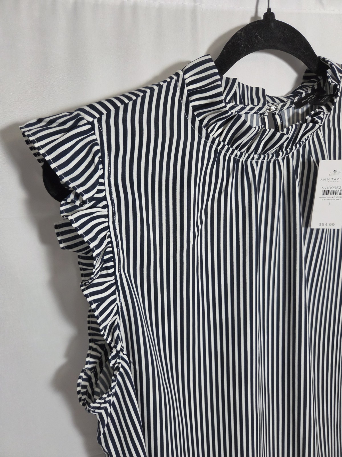 Ann Taylor Factory Black/White Striped Sleeveless Ruffle High Neck Blouse L