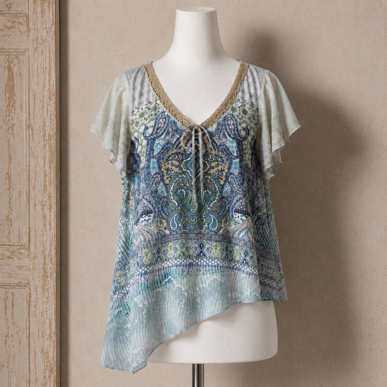 Y2K One World 2X Blue Green Top Studded Flutter Forest fairy Babydoll Crochet