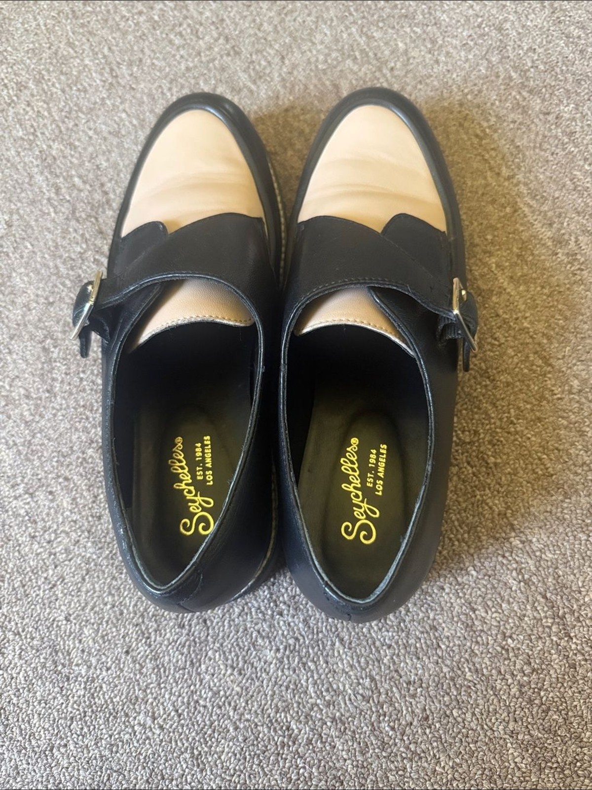 Seychelles Catch Me leather monk strap loafers in black and cream | Size 9