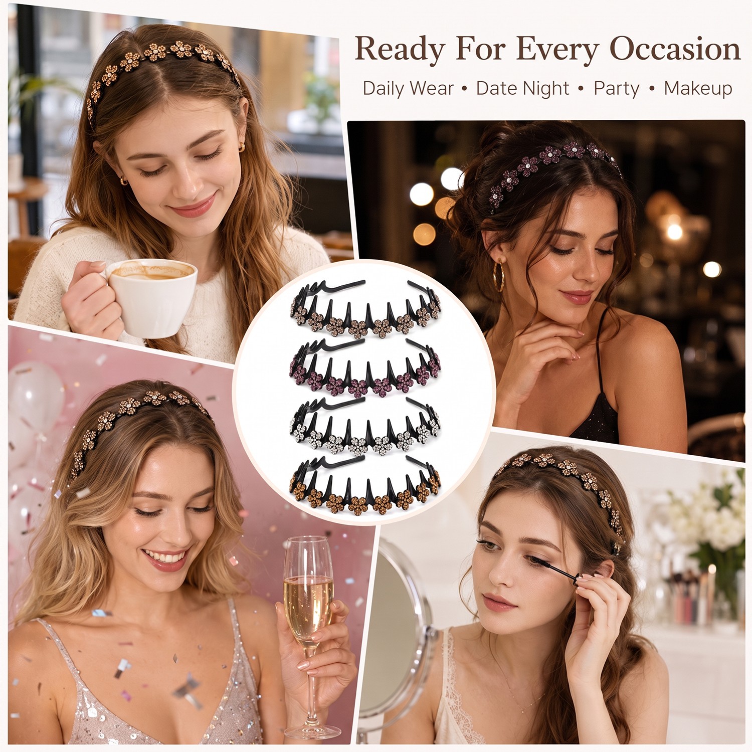 4PCS Glitter Rhinestone Butterfly Flowers Crystal Wavy Teeth Headband for Women