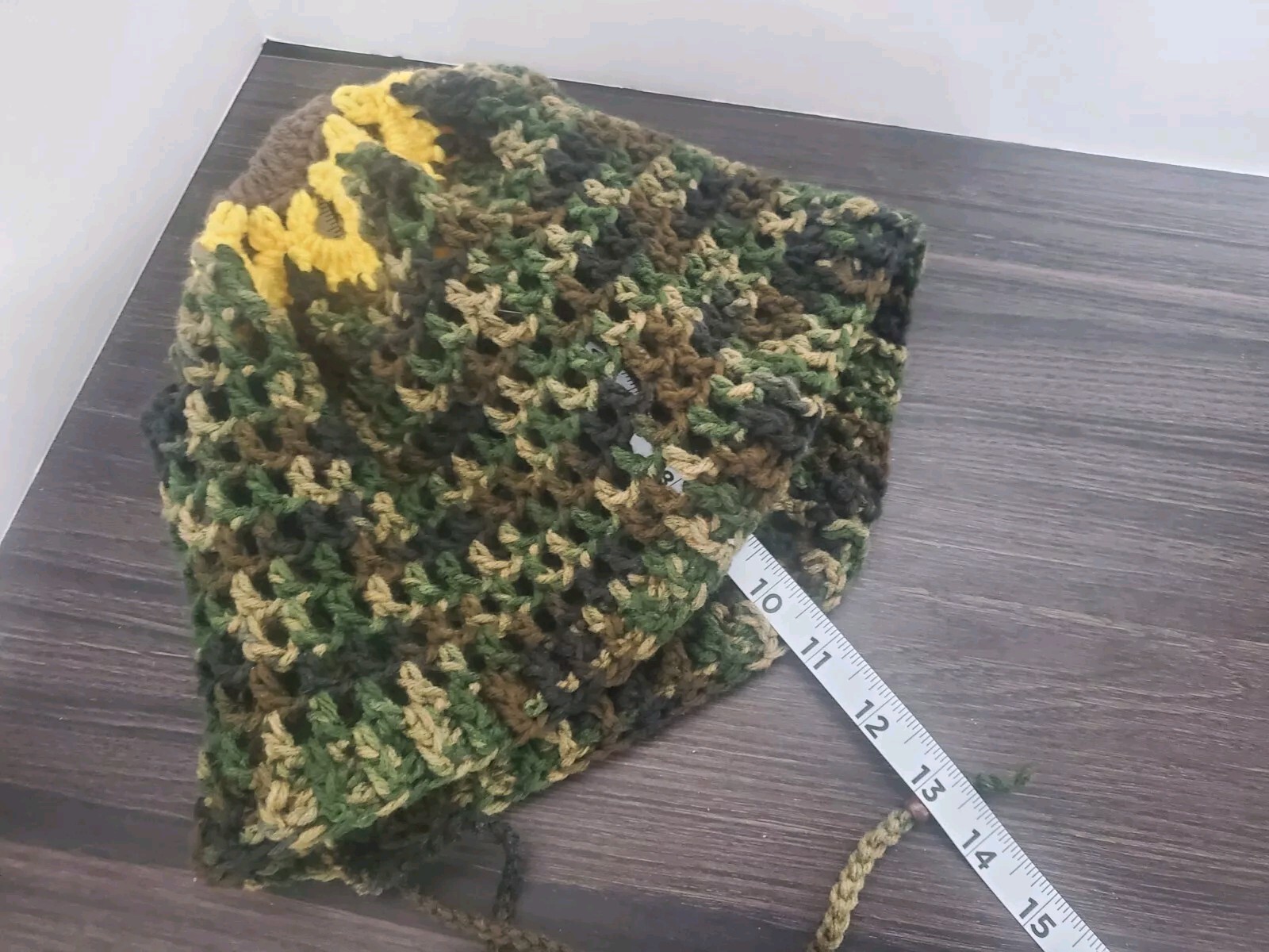 Camouflage Crochet Flower Tam Slouch Hat With Drawstring Handmade One Size