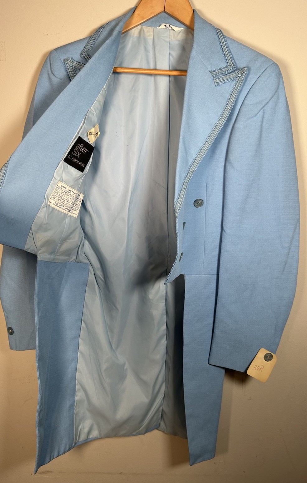 VTG 70s After Six Baby Blue Tuxedo Tail Coat Suit Jacket Mens 38R Deadstock
