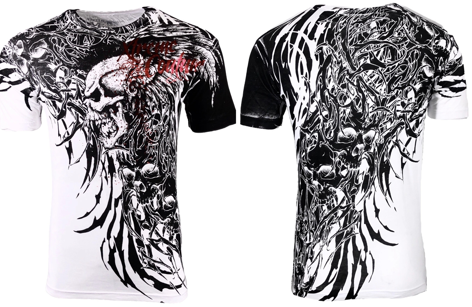 Xtreme Couture Affliction Men’s T-Shirt BRUTAL COMBAT White Skull Biker Tattoo