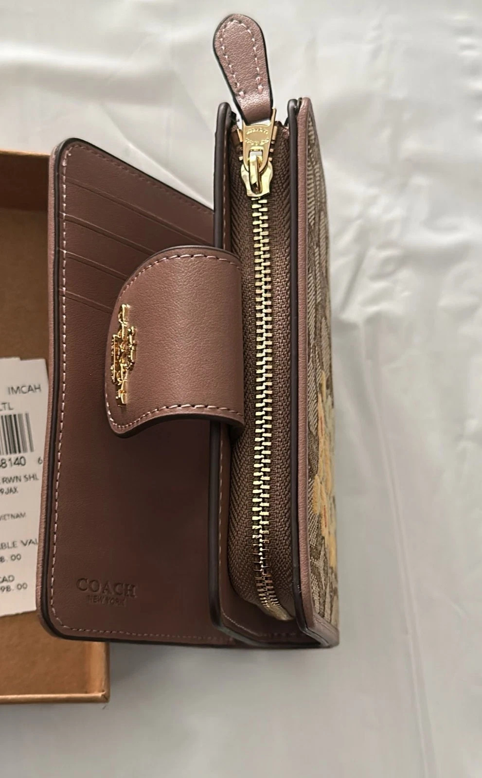 NEW COACH CEC32 Medium Corner Zip Wallet Signature Jacquard w Floral Embroidery
