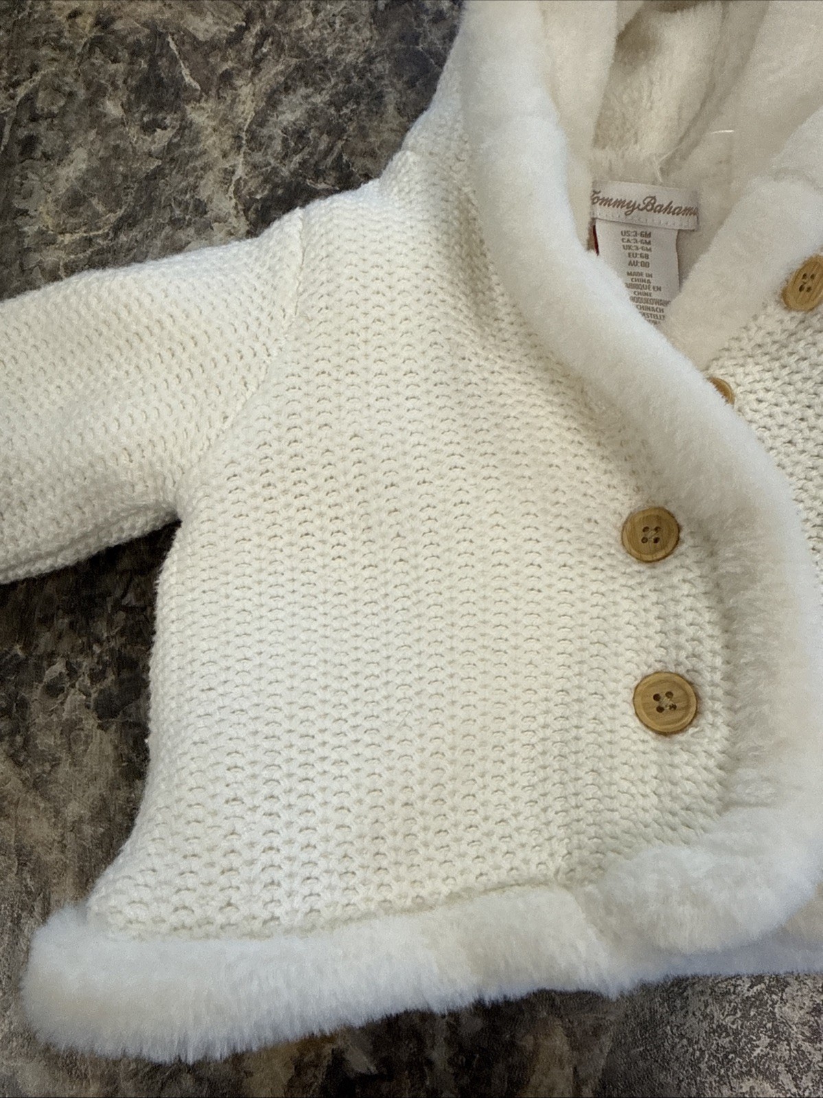 “Tommy Bahama” 3-6 Month White Knitted A Sharpa Fur Coat Hood *Stain