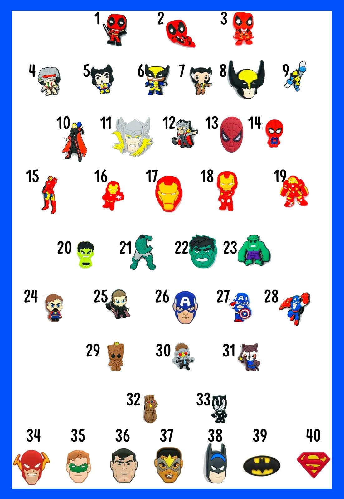 Comic Super Hero Shoe Charms, Fits Croc-style shoes, Popular Character Gift Lot