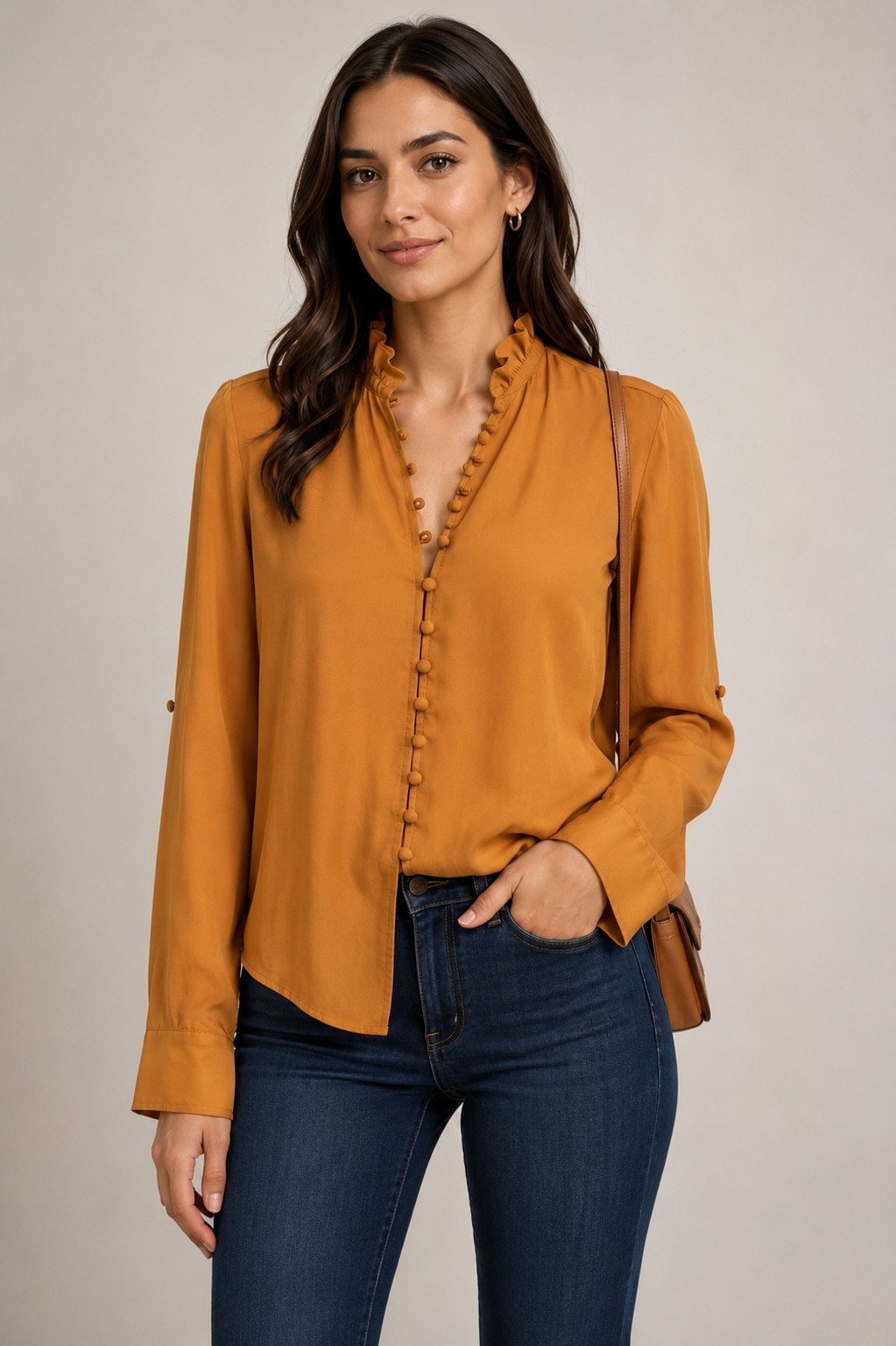 Express Portofino Slim Blouse XS Mustard Ruffle Neck Roll Tab Sleeve Pleat Back