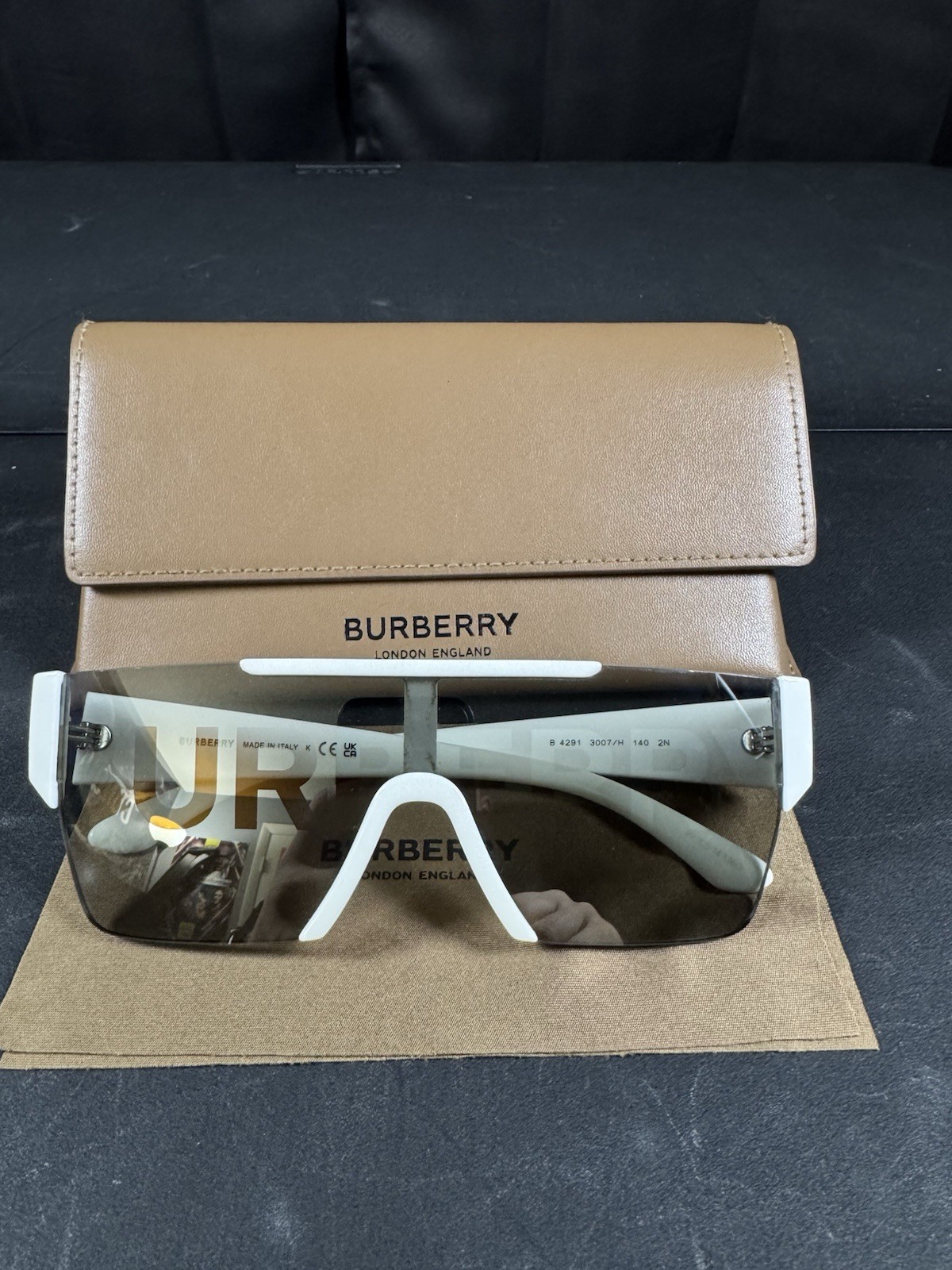 Burberry BE4291 Shield Sunglasses White Plastic Frame Gray Tinted Lenses