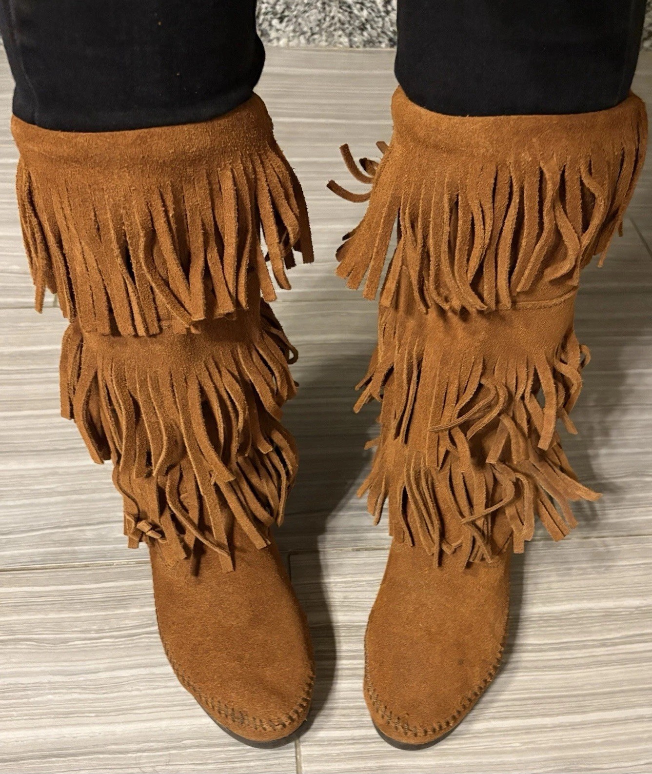 Minnetonka 1632 Women’s Brown Suede Fringe Mid-Calf Pull-On Boots US 7 M