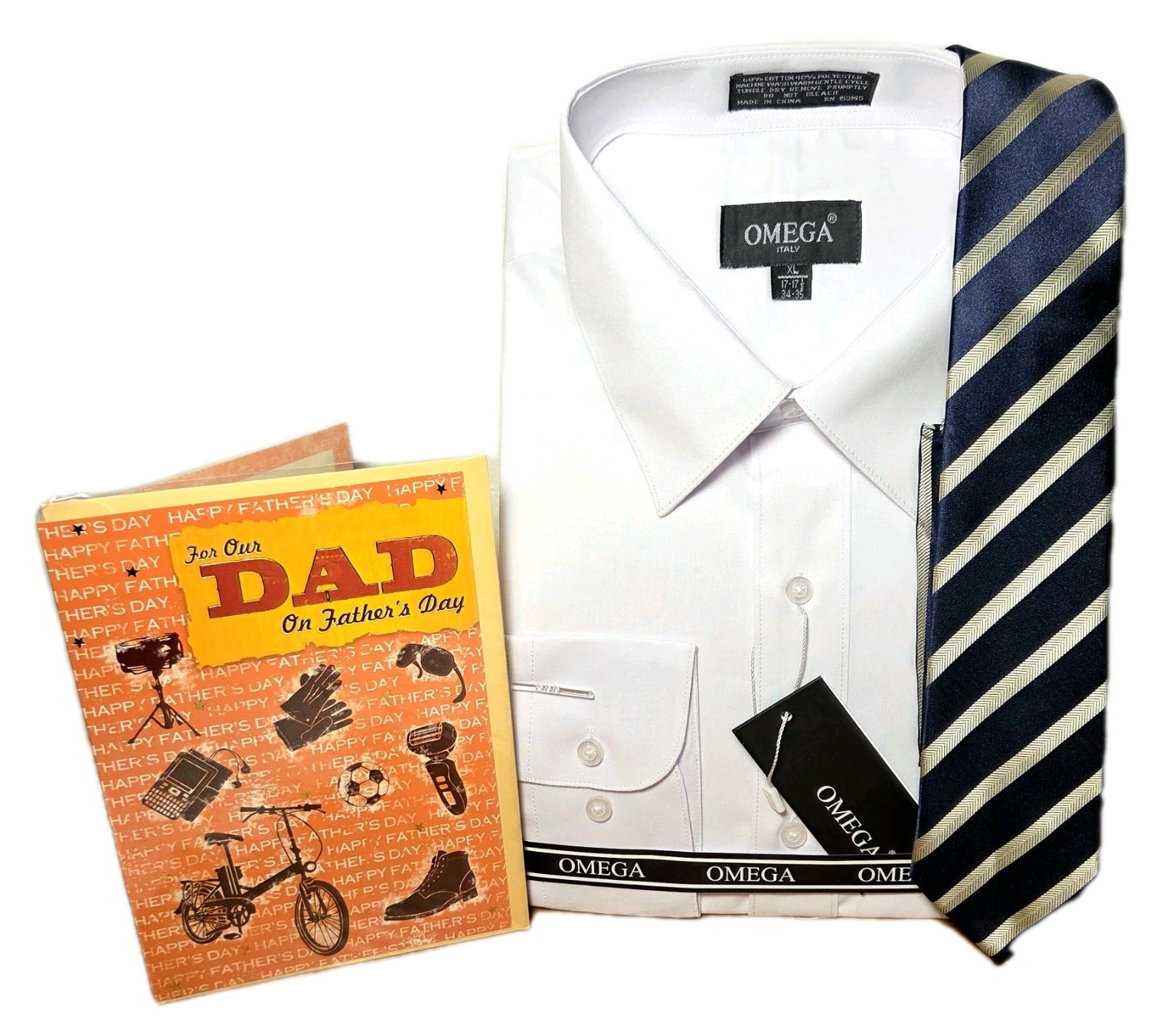 Fathers Day Gift Set White Buttoned Shirt XL/17 Navy Blue/Gold Tie+Greeting Card