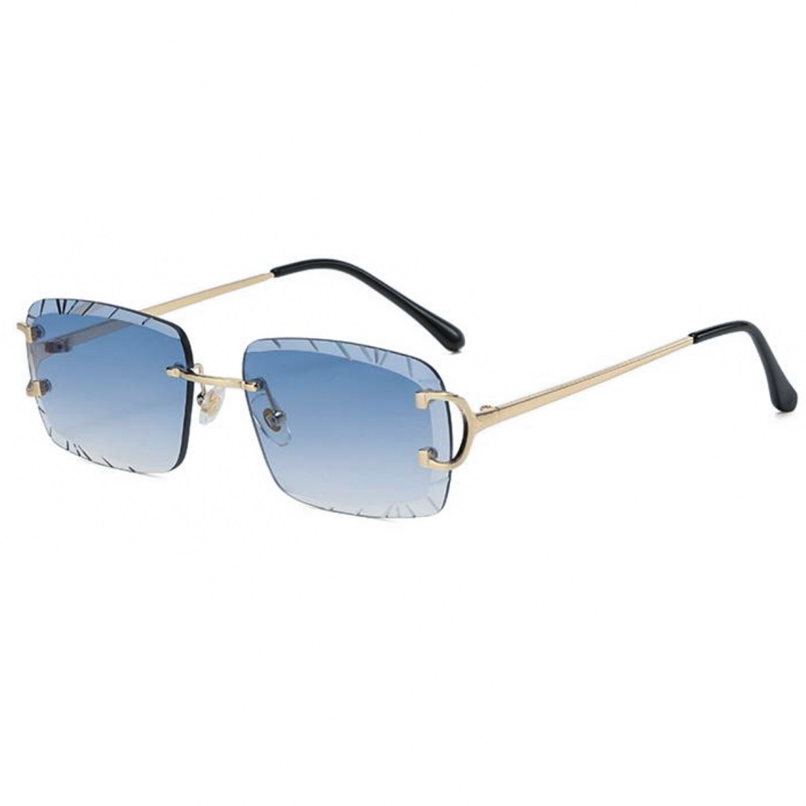 Men’s Rimless Luxury Hip Hop Gem Cut Blue Tint Gold Frame Rectangle Sunglasses