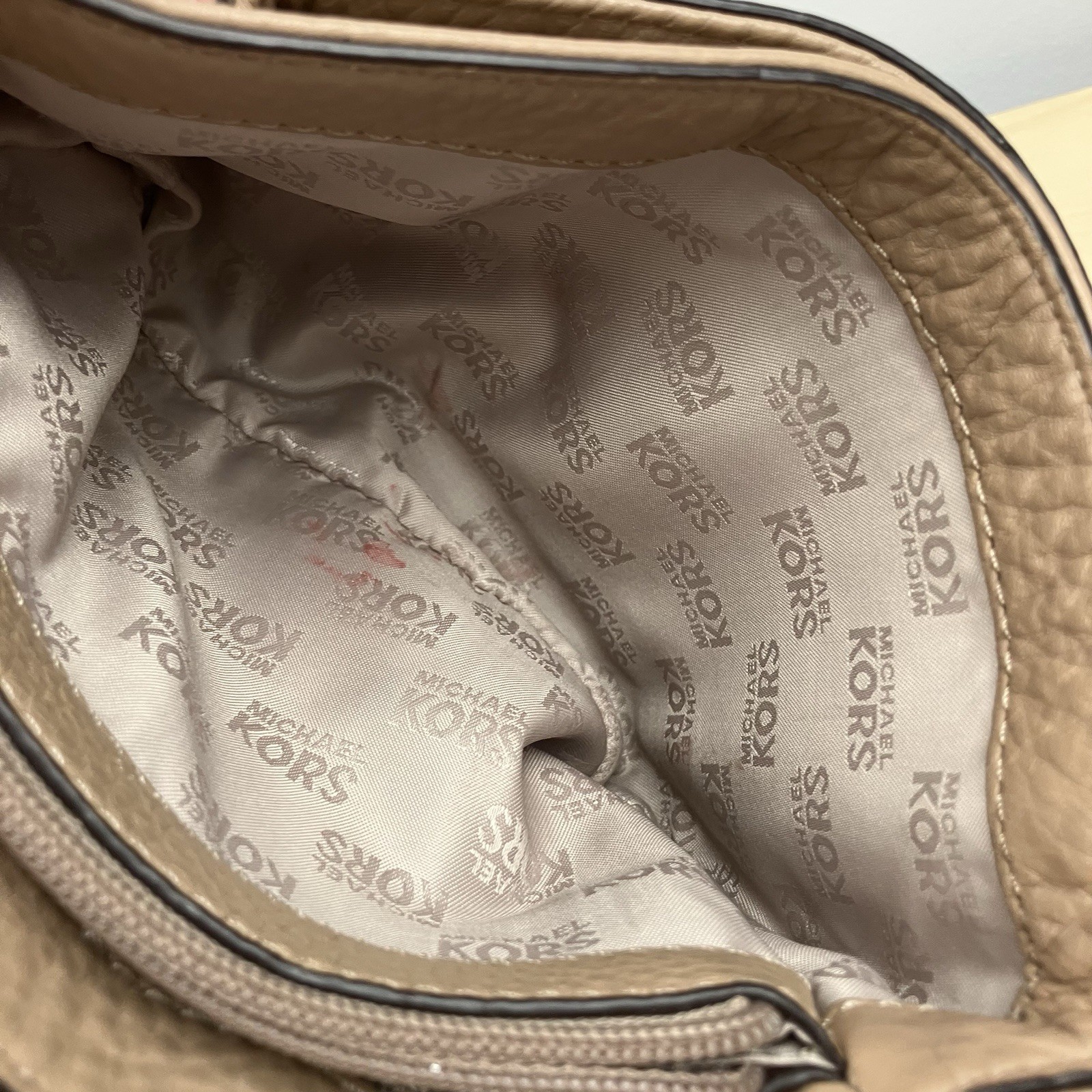 Michael Kors Sloan Tan Pebbled Crossbody Bag Small Turn Lock Chain Strap Gold