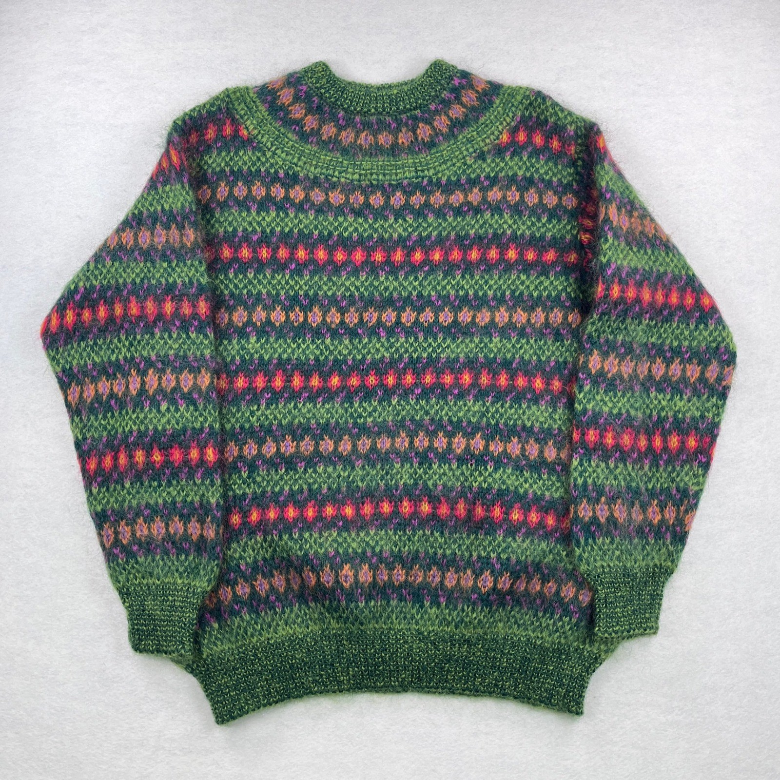 United Colors of Benetton Vintage Fair Isle Mohair Knit Sweater Green Mens