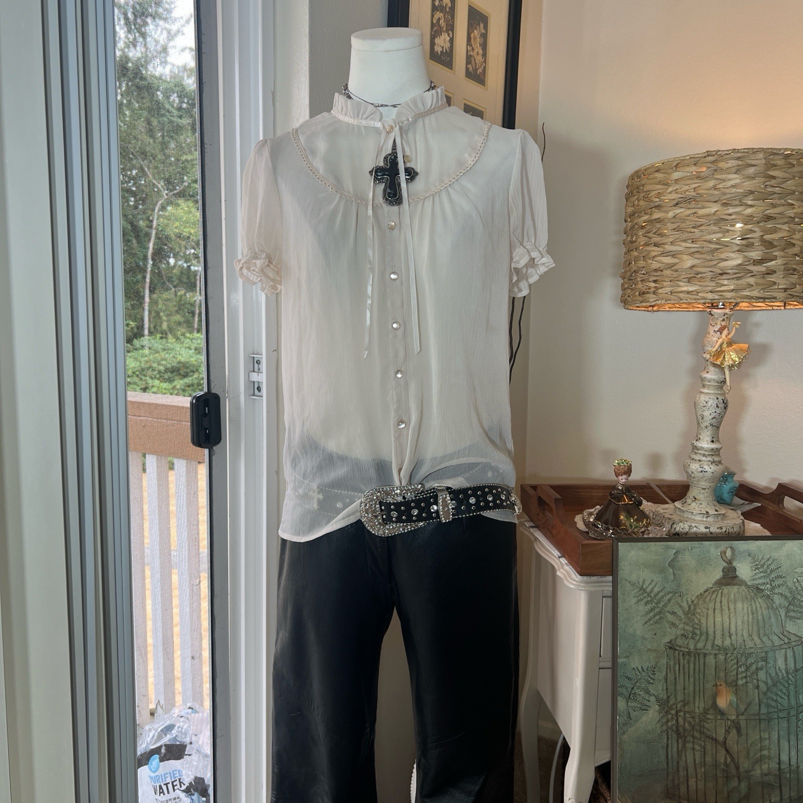 Y2K Divided Victorian Sheer Button Up Lace Trim Coquette Fairy Whimsey Blouse