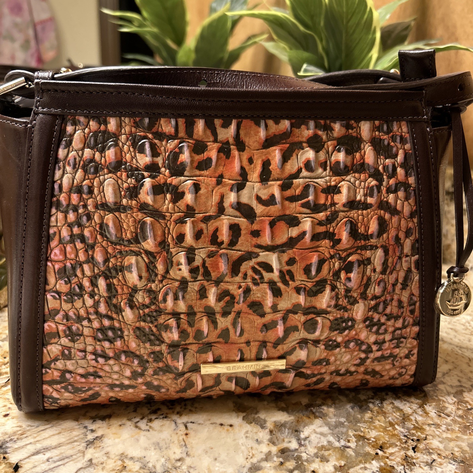 BRAHMIN Hillary Leopard Cub Bergamot Croc-Emb Leather Crossbody Brown Orange NEW