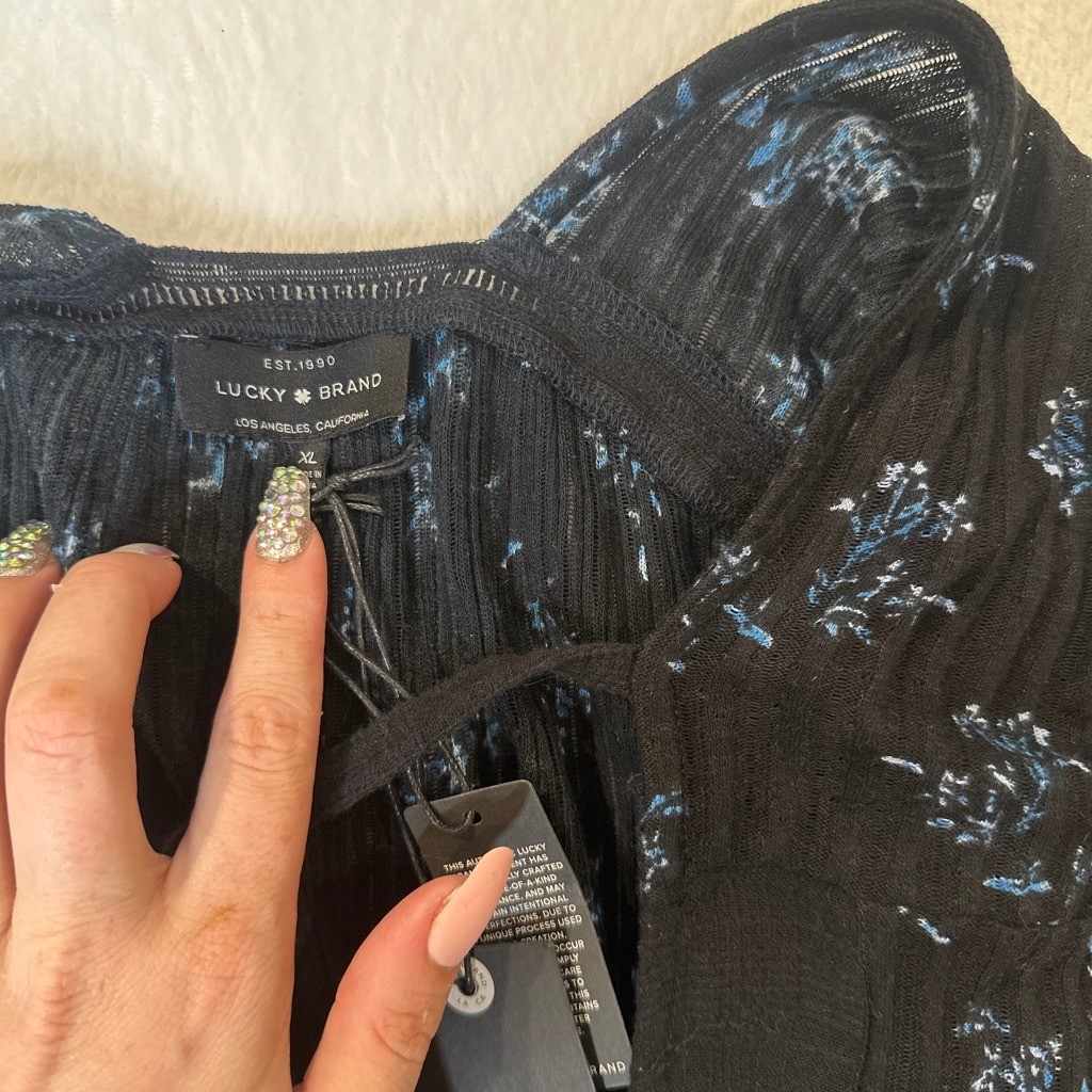 Prairie Boho Lucky Brand Black Blue Floral Crinkle Gauze Lace Up Peasant Top XL