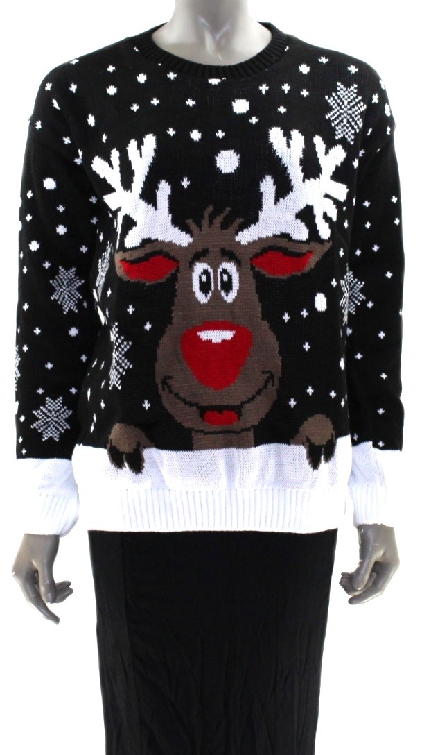 JUMPER Ladies BLACK Knit Fabric Rudolph Reindeer CHRISTMAS Novelty Sweater | 42″